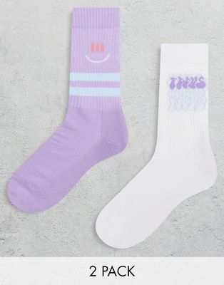 ASOS DESIGN 2 pack sport socks with graffiti smile print-Purple
