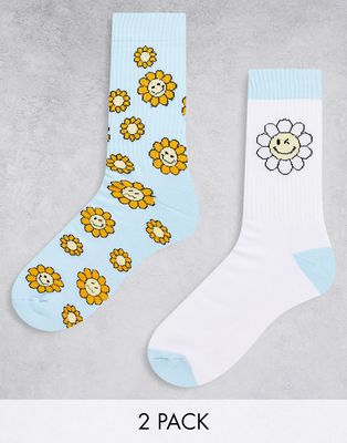 ASOS DESIGN 2 pack sport socks with smile flowers-Blue