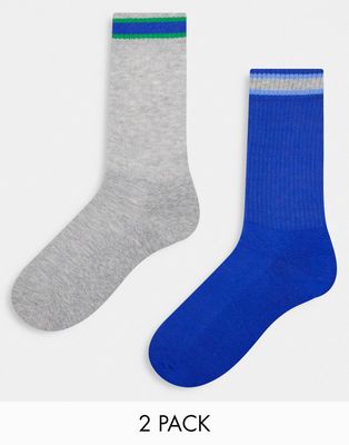 ASOS DESIGN 2 pack sports socks with ankle stripe in blue and white-Multi