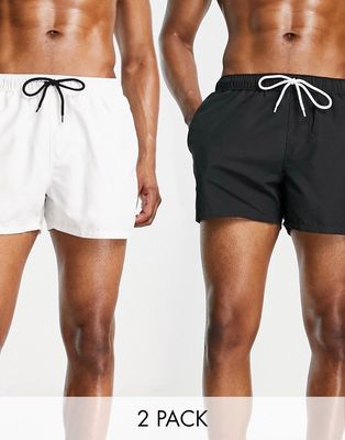ASOS DESIGN 2 pack swim shorts in short length in black/white SAVE-Multi
