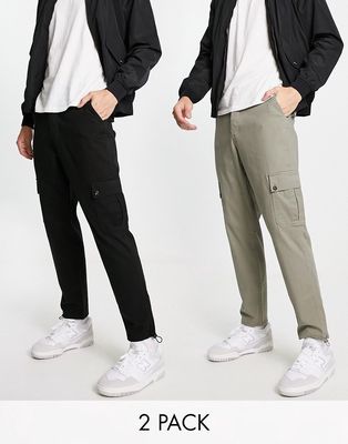 ASOS DESIGN 2-pack tapered cargo pants in black and khaki - SAVE-Multi