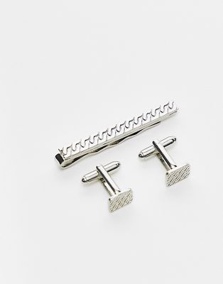 ASOS DESIGN 2 pack tie bar and cufflink set with emboss details in silver tone