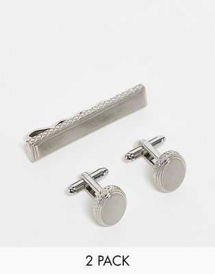 ASOS DESIGN 2 pack tie bar and cufflinks set with cross hash engraving in silver tone
