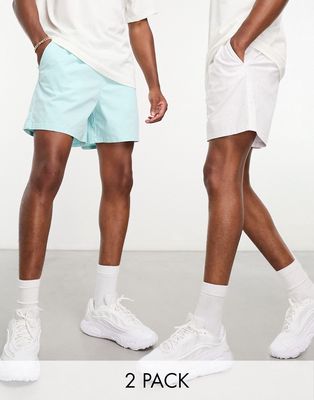ASOS DESIGN 2 pack wide chino shorts in shorter length in white and light blue save-Multi