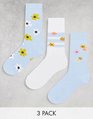 ASOS DESIGN 3 pack ankle socks in gray with flowers