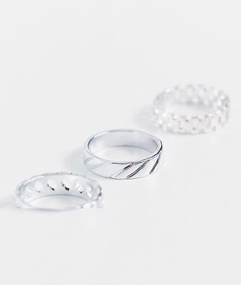 ASOS DESIGN 3 pack band ring set with embossing and chain in real silver plate