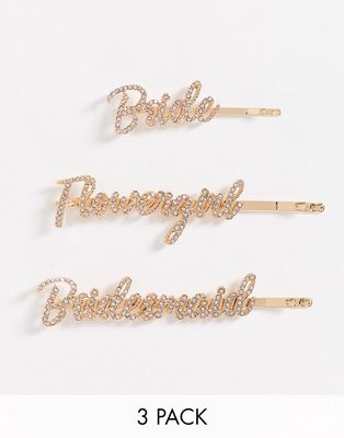 ASOS DESIGN 3-pack bridal hair clips in wedding party design-Gold