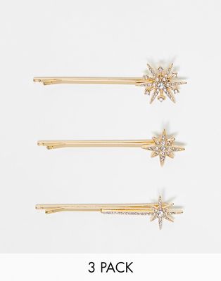 ASOS DESIGN 3-pack hair clips with crystal celestial design in gold tone