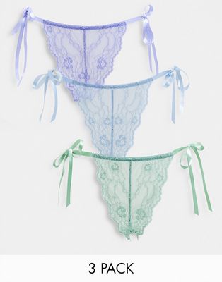 ASOS DESIGN 3-pack lace tie side Brazilian briefs in periwinkle, sage & blue mist-Multi