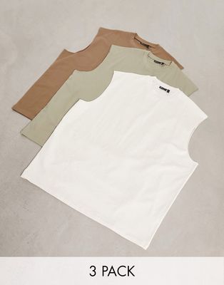 ASOS DESIGN 3-pack oversized fit tank tops with dropped armholes in cream, brown and beige-Neutral