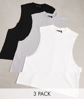 ASOS DESIGN 3 pack relaxed tank top with dropped armhole in white, black and heather gray-Multi