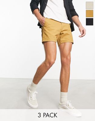 ASOS DESIGN 3 pack skinny chino shorts in beige, tan and black save-Multi