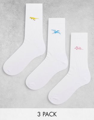 ASOS DESIGN 3 pack sport socks with dinosaur embroidery-White