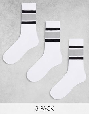 ASOS DESIGN 3 pack sports gray stripe socks in white