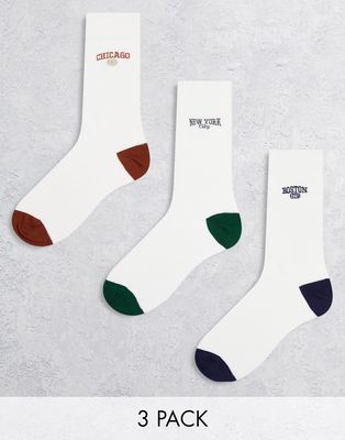 ASOS DESIGN 3 pack sports sock in off-white with embroidery details-Multi