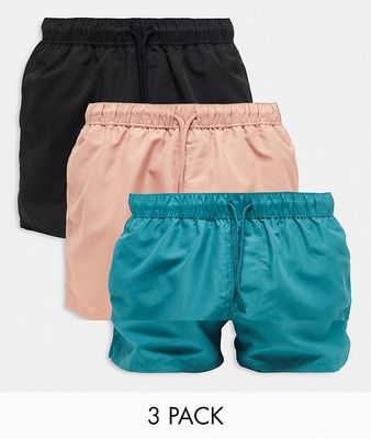 ASOS DESIGN 3 pack swim shorts in short length in green/beige/black SAVE-Multi