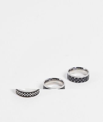 ASOS DESIGN 3 pack waterproof stainless steel band ring set with crosses and emboss in silver tone
