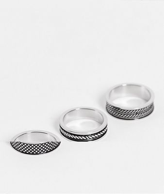 ASOS DESIGN 3 pack waterproof stainless steel band ring set with embossed details in silver-Multi