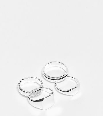 ASOS DESIGN 4-pack mixed rings set with line deboss and hexagon shape in real silver plate