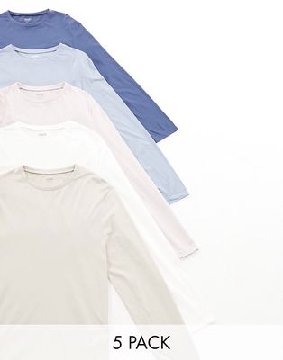 ASOS DESIGN 5 pack long sleeved crew neck T-shirts in multiple colors