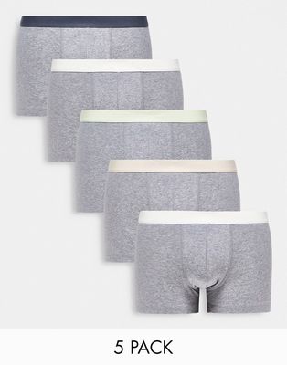 ASOS DESIGN 5 pack trunks in gray with contrast waistband
