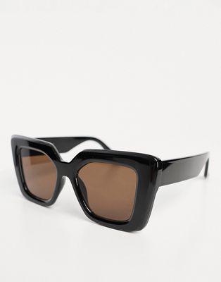 ASOS DESIGN 70s chunky sunglasses in shiny black with brown lens