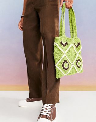 ASOS DESIGN 70s crochet tote bag in green and cream