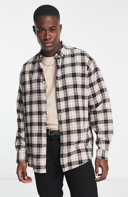 ASOS DESIGN '90s Check Oversize Flannel Button-Down Shirt in Beige