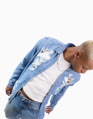 ASOS DESIGN 90s oversized denim shirt with extreme rips-Blue