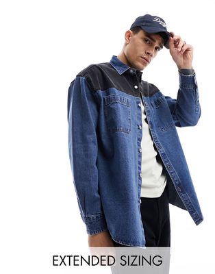 ASOS DESIGN 90s oversized shirt with black contrast detail in dirty wash-Blue