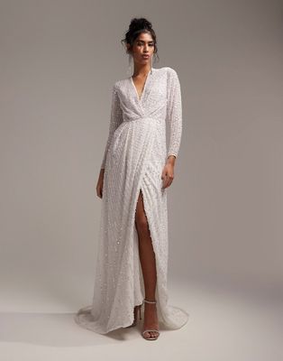 ASOS DESIGN Alexa sequin long sleeve wrap wedding dress in white