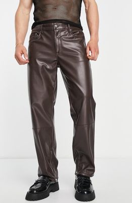 ASOS DESIGN Ankle Zip Faux Leather Regular Fit Jeans in Brown