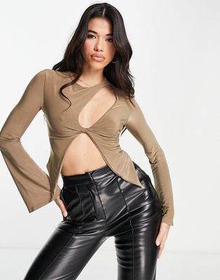 ASOS DESIGN asymmetric cut away chest long sleeve top in taupe-Brown