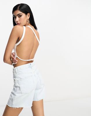 ASOS DESIGN asymmetric strappy top in rib in orange-White