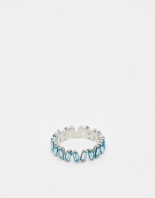 ASOS DESIGN baguette ring with blue stones in silver tone