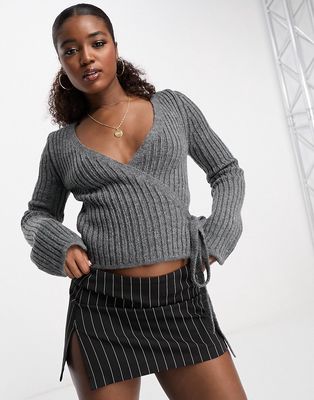 ASOS DESIGN ballet inspired wrap sweater with tie waist in gray