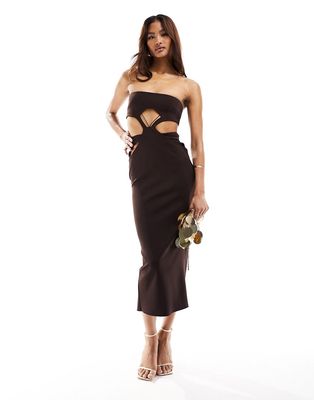 ASOS DESIGN bandeau extreme cut out midi dress in chocolate-Brown