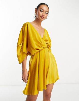 ASOS DESIGN batwing sleeve plunge mini dress in gold
