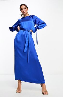 ASOS DESIGN Belted Long Sleeve Satin Maxi Dress in Mid Blue
