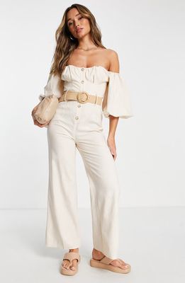 ASOS DESIGN Belted Puff Sleeve Off the Shoulder Jumpsuit in Stone