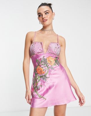 ASOS DESIGN bias cut mini satin dress with floral embellishment-Pink