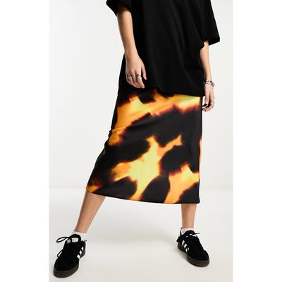 ASOS DESIGN Bias Cut Satin Midi Skirt in Black Multi at Nordstrom, Size 12 Us