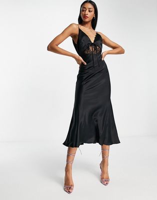 ASOS DESIGN bias satin midi slip dress with delicate lace detail and tie front in black