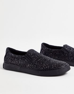 ASOS DESIGN black slip on sneakers in diamantes-Blue