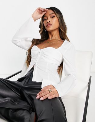 ASOS DESIGN blouse with corset ruched cup & hook and eye in white