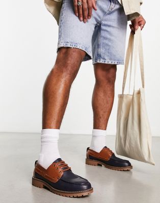 ASOS DESIGN boat shoes in tan and navy contrast faux leather-Brown