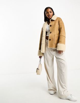ASOS DESIGN bonded borg jacket in tan suedette and cream-Neutral