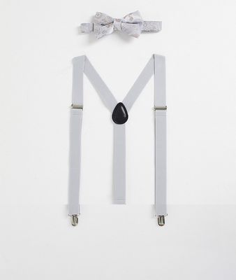 ASOS DESIGN bow tie in silver and navy paisley with navy suspenders-Multi