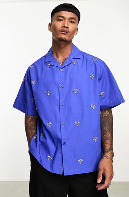 ASOS DESIGN Boxy Fit Embellished Revere Short Sleeve Button-Up Shirt in Mid Blue