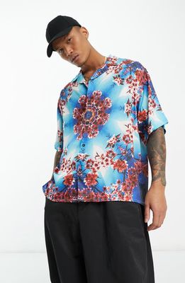 ASOS DESIGN Boxy Floral Short Sleeve Satin Bowling Shirt in Blue Multi